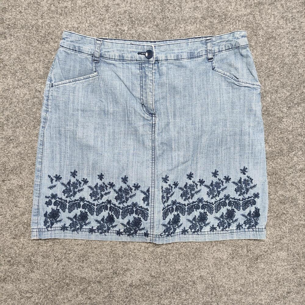 Karen Scott Skirt Womens 10 Blue Denim Floral Embroidered Knee Pencil Casual